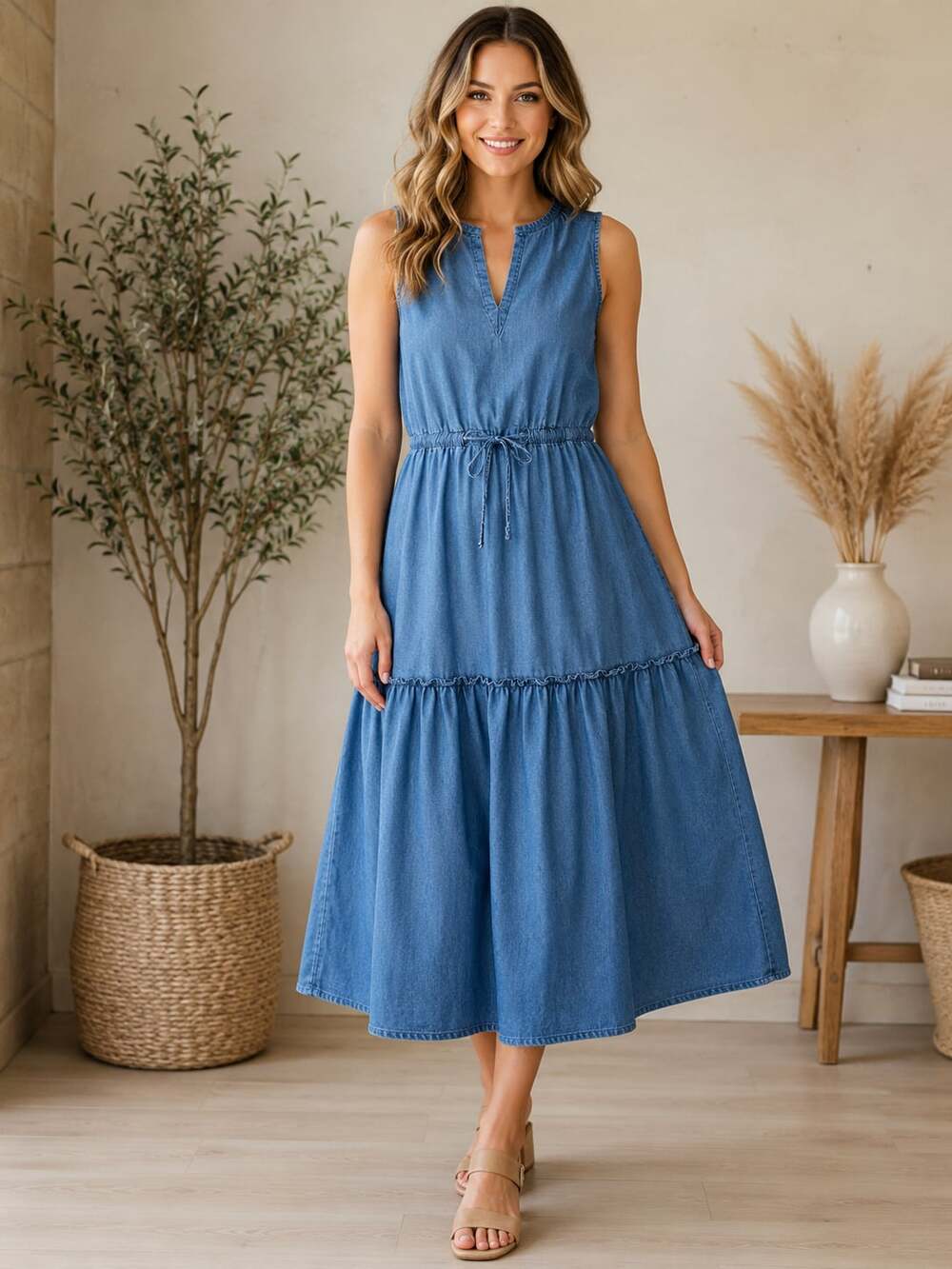 Lands' End Sleeveless Chambray Midi Dress in Denim Blue
